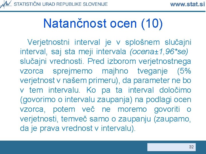 Natančnost ocen (10) Verjetnostni interval je v splošnem slučajni interval, saj sta meji intervala