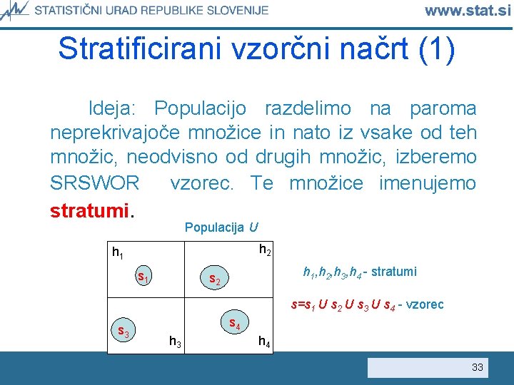 Stratificirani vzorčni načrt (1) Ideja: Populacijo razdelimo na paroma neprekrivajoče množice in nato iz