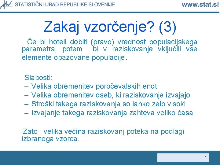 Zakaj vzorčenje? (3) Če bi hoteli dobiti (pravo) vrednost populacijskega parametra, potem bi v