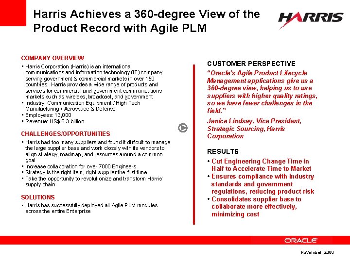 Harris Achieves a 360 -degree View of the Product Record with Agile PLM COMPANY