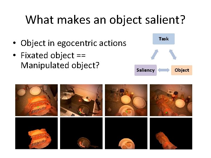 What makes an object salient? • Object in egocentric actions • Fixated object ==