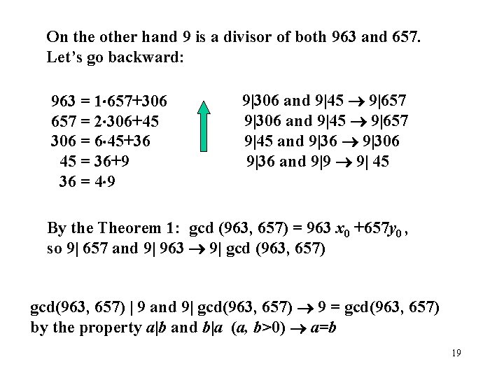 On the other hand 9 is a divisor of both 963 and 657. Let’s