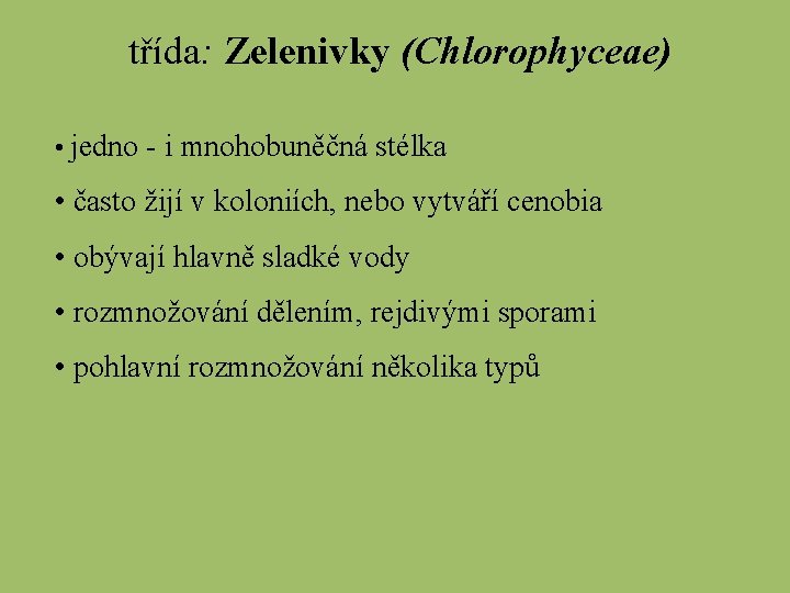 třída: Zelenivky (Chlorophyceae) • jedno - i mnohobuněčná stélka • často žijí v koloniích,