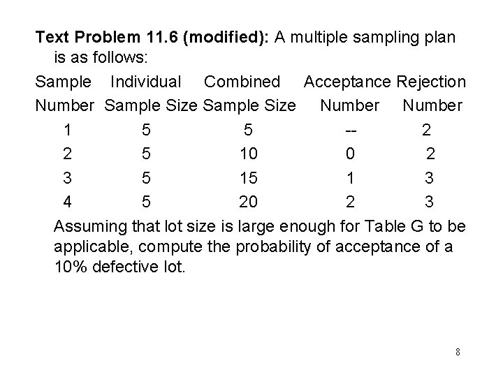 Text Problem 11. 6 (modified): A multiple sampling plan is as follows: Sample Individual