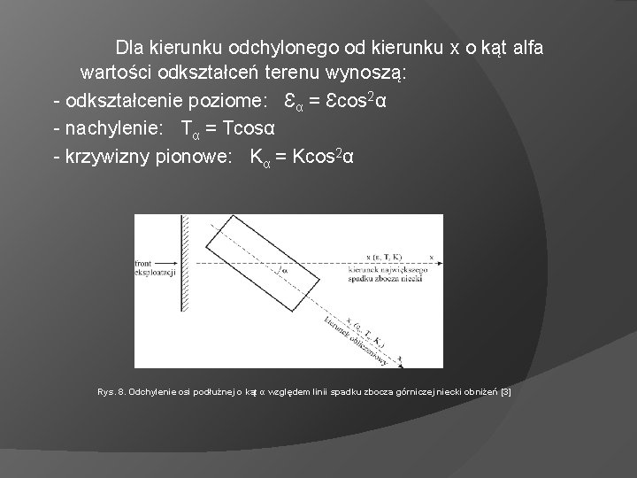  Dla kierunku odchylonego od kierunku x o kąt alfa wartości odkształceń terenu wynoszą: