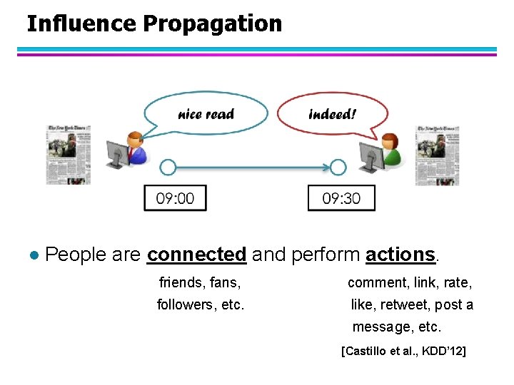 Influence Propagation l People are connected and perform actions. friends, fans, comment, link, rate,
