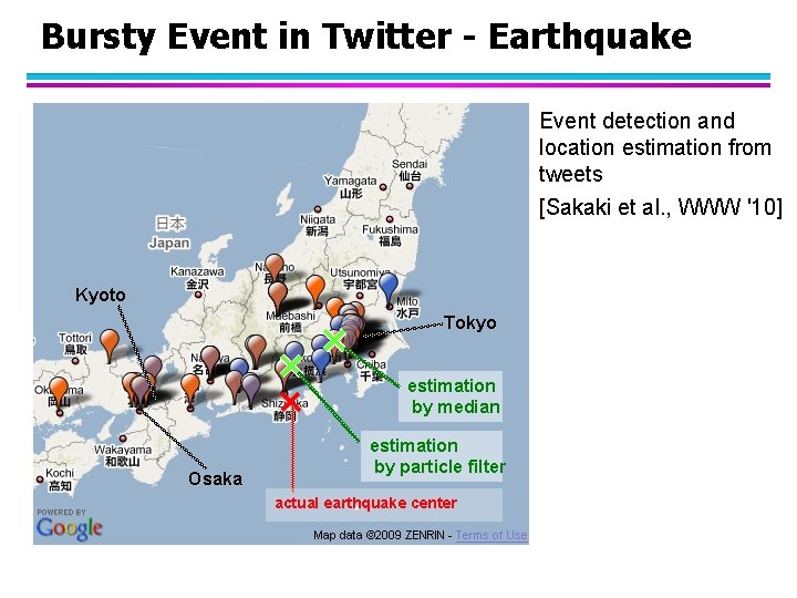 Bursty Event in Twitter - Earthquake Event detection and location estimation from tweets [Sakaki