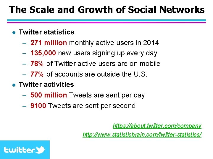 The Scale and Growth of Social Networks l l Twitter statistics – 271 million