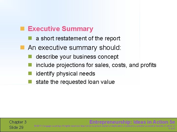 n Executive Summary n a short restatement of the report n An executive summary