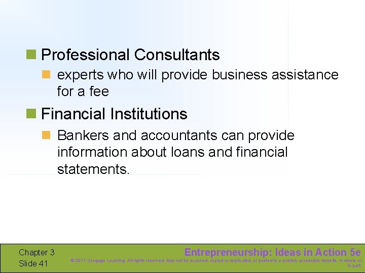 n Professional Consultants n experts who will provide business assistance for a fee n