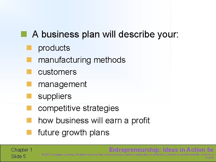 n A business plan will describe your: n n n n Chapter 1 Slide