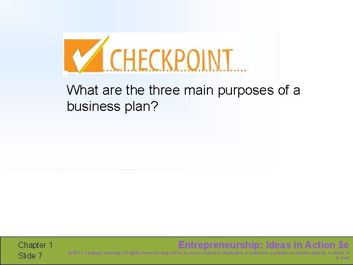 What are three main purposes of a business plan? Chapter 1 Slide 7 Entrepreneurship: