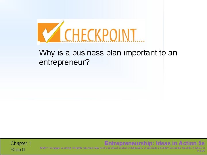 Why is a business plan important to an entrepreneur? Chapter 1 Slide 9 Entrepreneurship: