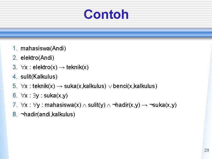 Contoh 1. mahasiswa(Andi) 2. elektro(Andi) 3. x : elektro(x) → teknik(x) 4. sulit(Kalkulus) 5.