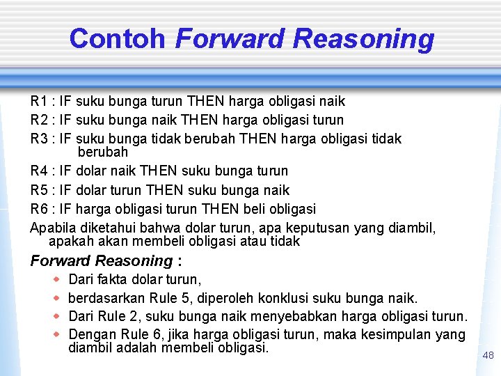 Contoh Forward Reasoning R 1 : IF suku bunga turun THEN harga obligasi naik