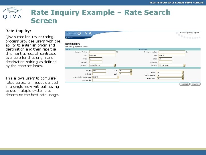 HIGH PERFORMANCE GLOBAL SUPPLY CHAINS Rate Inquiry Example – Rate Search Screen Rate Inquiry: