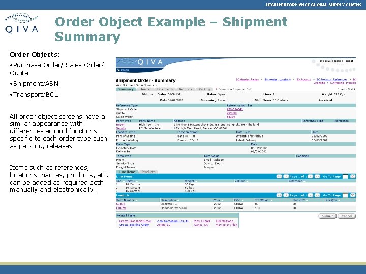 HIGH PERFORMANCE GLOBAL SUPPLY CHAINS Order Object Example – Shipment Summary Order Objects: •