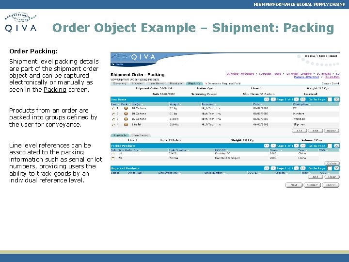 HIGH PERFORMANCE GLOBAL SUPPLY CHAINS Order Object Example – Shipment: Packing Order Packing: Shipment