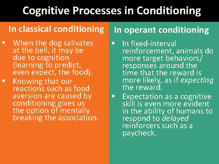 Cognitive Processes in Conditioning In classical conditioning § When the dog salivates at the