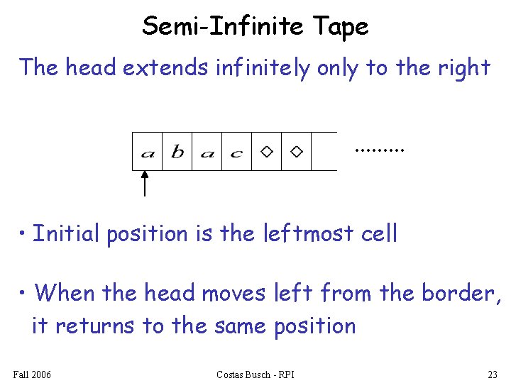 Semi-Infinite Tape The head extends infinitely only to the right. . • Initial position