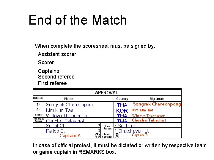 End of the Match When complete the scoresheet must be signed by: Assistant scorer