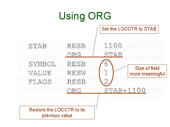 Using ORG Set the LOCCTR to STAB Size of field more meaningful Restore the Using ORG Set the LOCCTR to STAB Size of field more meaningful Restore the