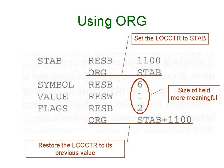 Using ORG Set the LOCCTR to STAB Size of field more meaningful Restore the