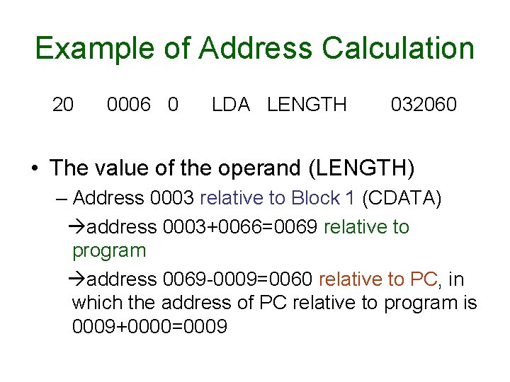 Example of Address Calculation 20 0006 0 LDA LENGTH 032060 • The value of Example of Address Calculation 20 0006 0 LDA LENGTH 032060 • The value of