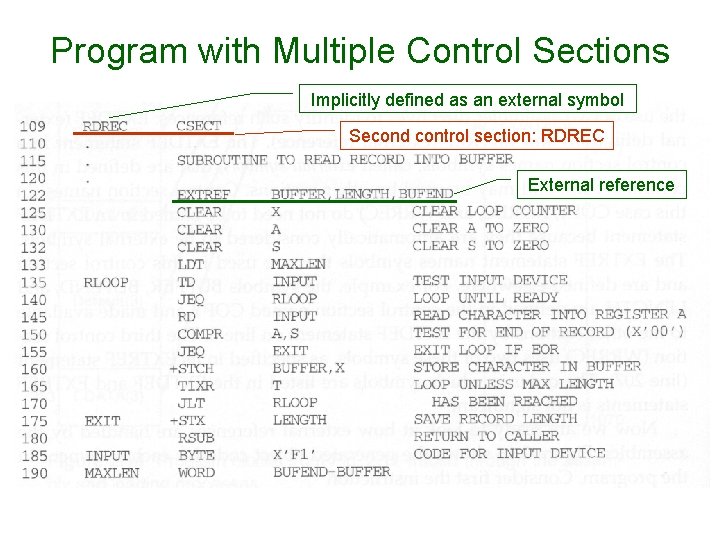 Program with Multiple Control Sections Implicitly defined as an external symbol Second control section: Program with Multiple Control Sections Implicitly defined as an external symbol Second control section: