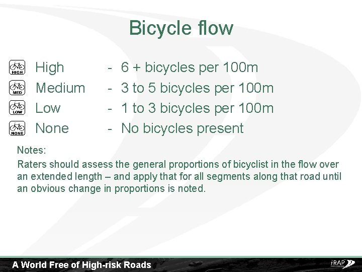 Bicycle flow High Medium Low None - 6 + bicycles per 100 m 3