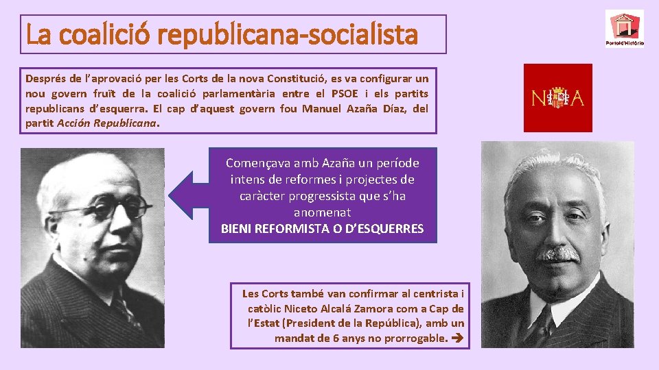 La coalició republicana-socialista Després de l’aprovació per les Corts de la nova Constitució, es