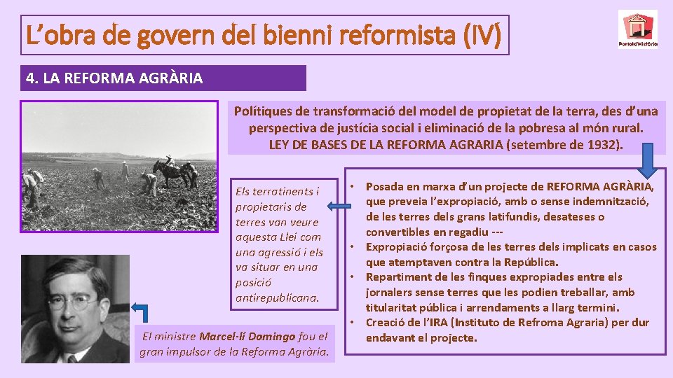 L’obra de govern del bienni reformista (IV) 4. LA REFORMA AGRÀRIA Polítiques de transformació