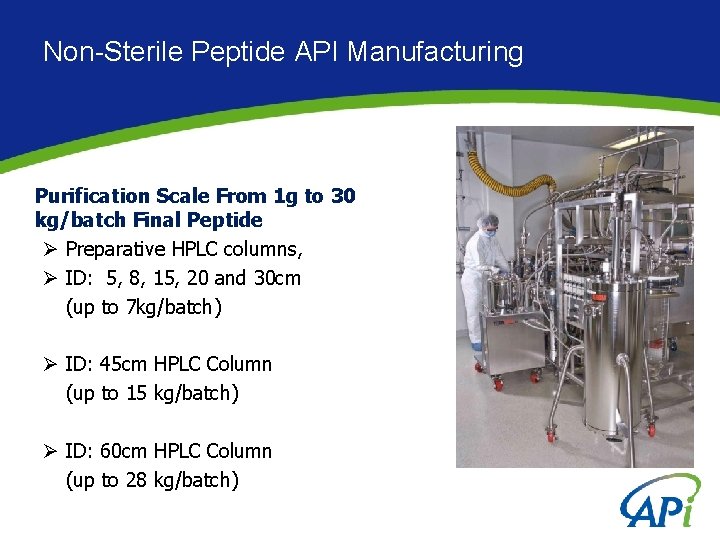 Non-Sterile Peptide API Manufacturing Purification Scale From 1 g to 30 kg/batch Final Peptide