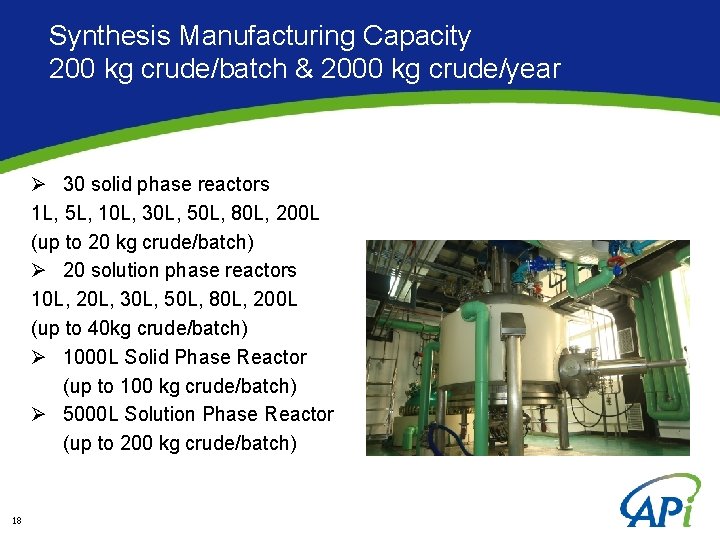 Synthesis Manufacturing Capacity 200 kg crude/batch & 2000 kg crude/year Ø 30 solid phase