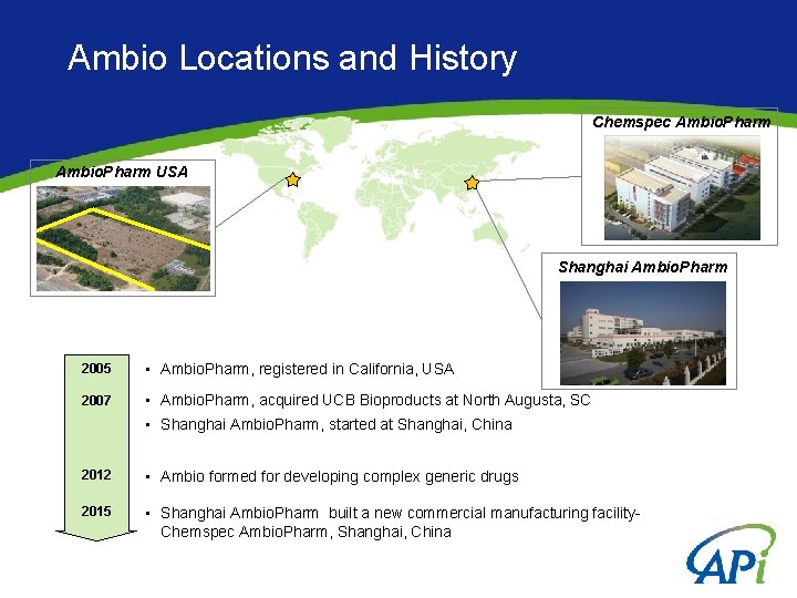 Ambio Locations and History Chemspec Ambio. Pharm USA Shanghai Ambio. Pharm 2005 • Ambio.