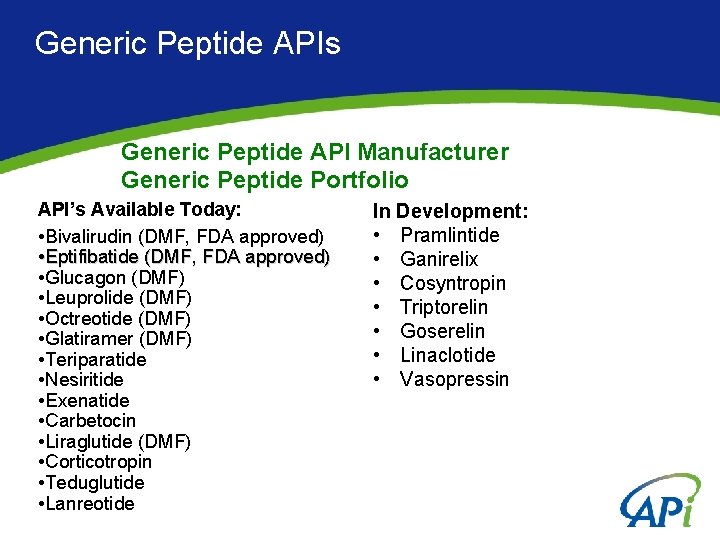 Generic Peptide APIs Generic Peptide API Manufacturer Generic Peptide Portfolio API’s Available Today: •