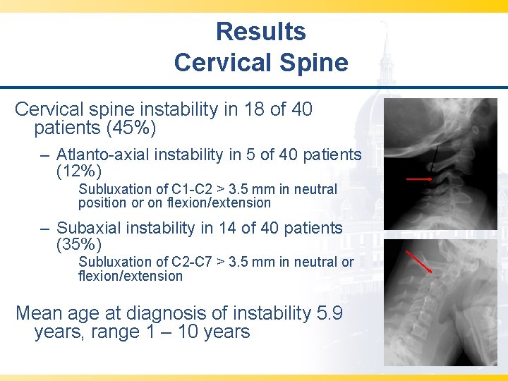 Results Cervical Spine Cervical spine instability in 18 of 40 patients (45%) – Atlanto-axial