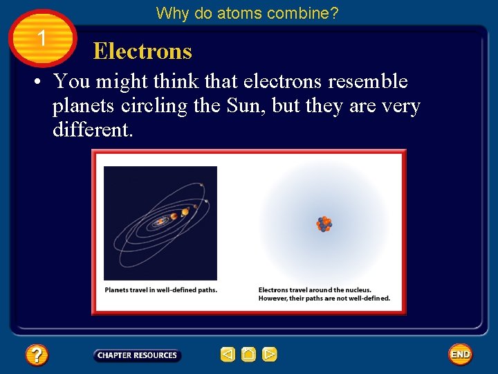 Why do atoms combine? 1 Electrons • You might think that electrons resemble planets