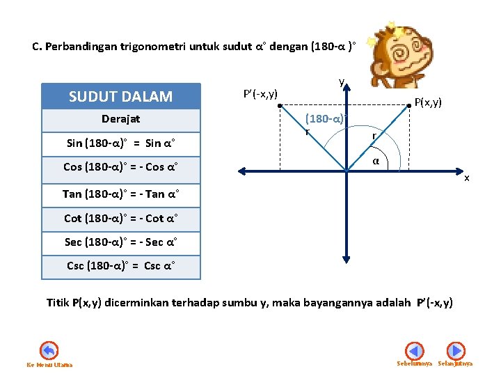 C. Perbandingan trigonometri untuk sudut α° dengan (180 -α )° SUDUT DALAM Derajat Sin