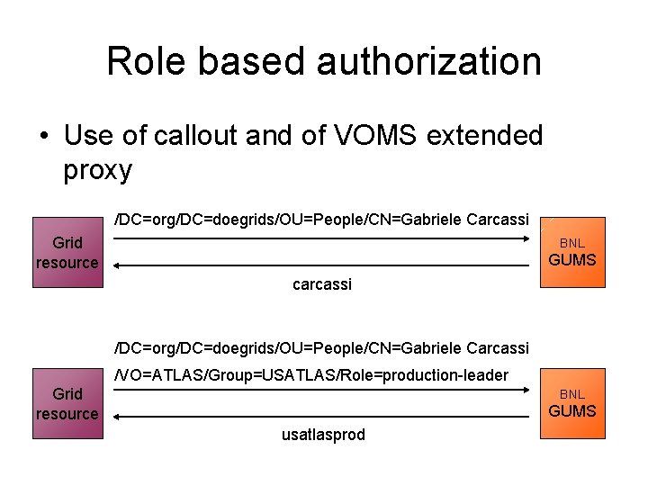 Role based authorization • Use of callout and of VOMS extended proxy /DC=org/DC=doegrids/OU=People/CN=Gabriele Carcassi