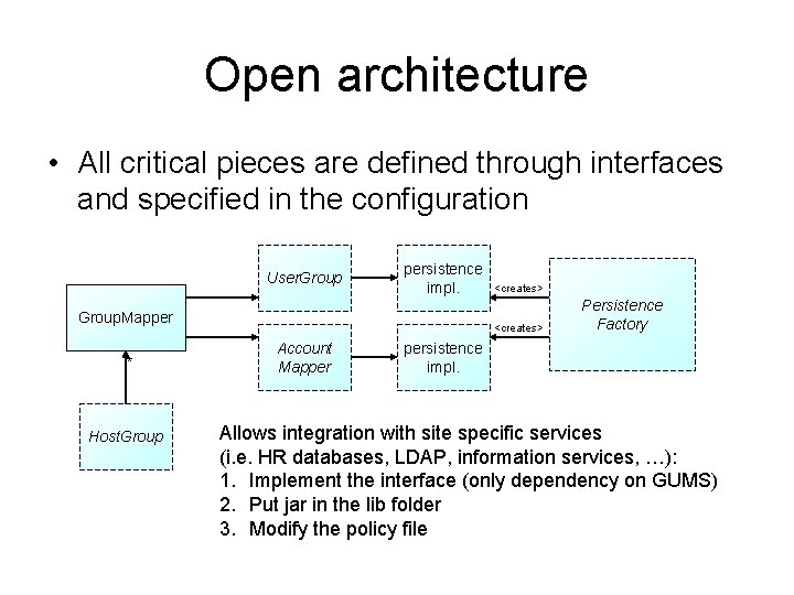 Open architecture • All critical pieces are defined through interfaces and specified in the