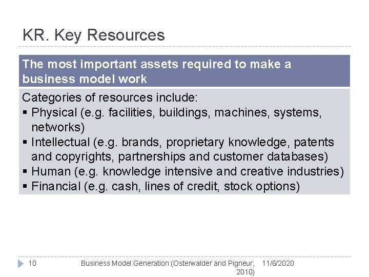 KR. Key Resources The most important assets required to make a business model work