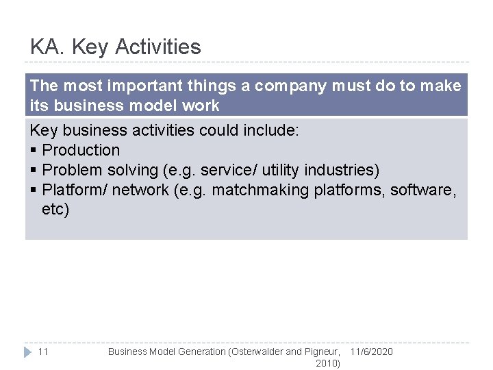 KA. Key Activities The most important things a company must do to make its
