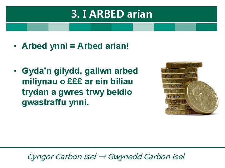 3. I ARBED arian • Arbed ynni = Arbed arian! • Gyda’n gilydd, gallwn