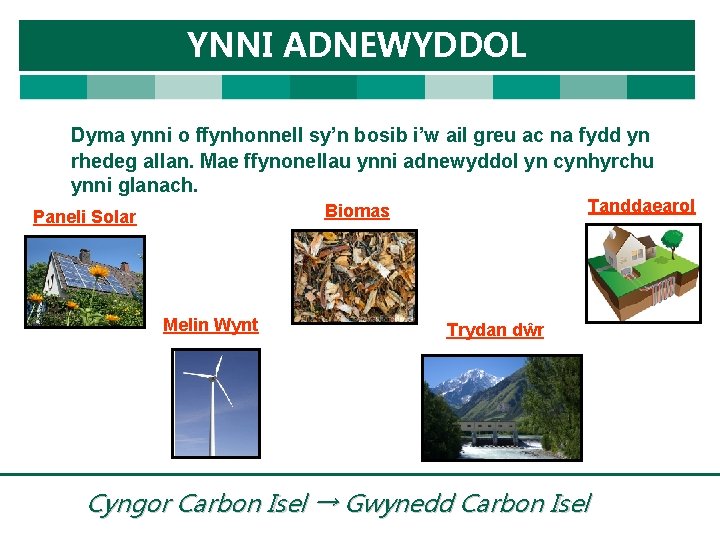 YNNI ADNEWYDDOL Dyma ynni o ffynhonnell sy’n bosib i’w ail greu ac na fydd