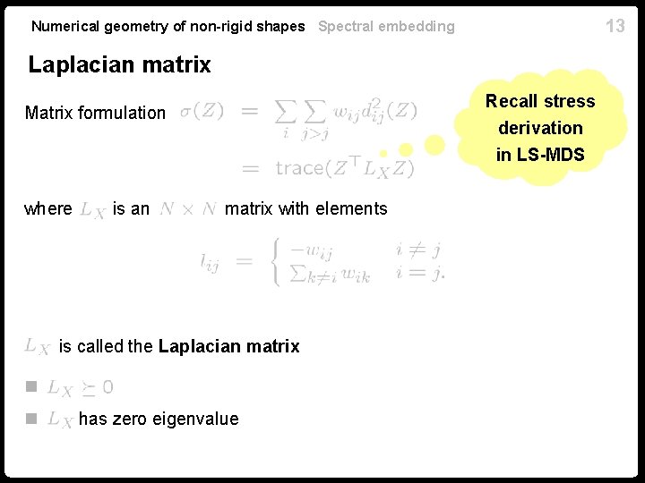 13 Numerical geometry of non-rigid shapes Spectral embedding Laplacian matrix Recall stress derivation in