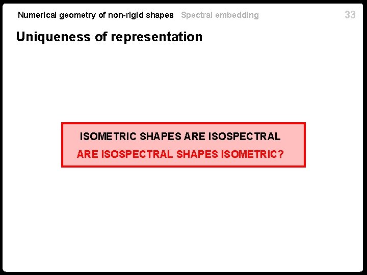 Numerical geometry of non-rigid shapes Spectral embedding Uniqueness of representation ISOMETRIC SHAPES ARE ISOSPECTRAL