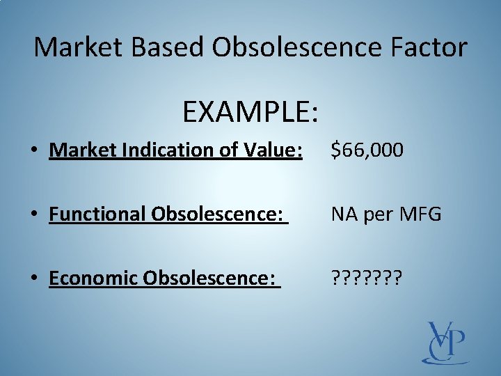 Market Based Obsolescence Factor EXAMPLE: • Market Indication of Value: $66, 000 • Functional