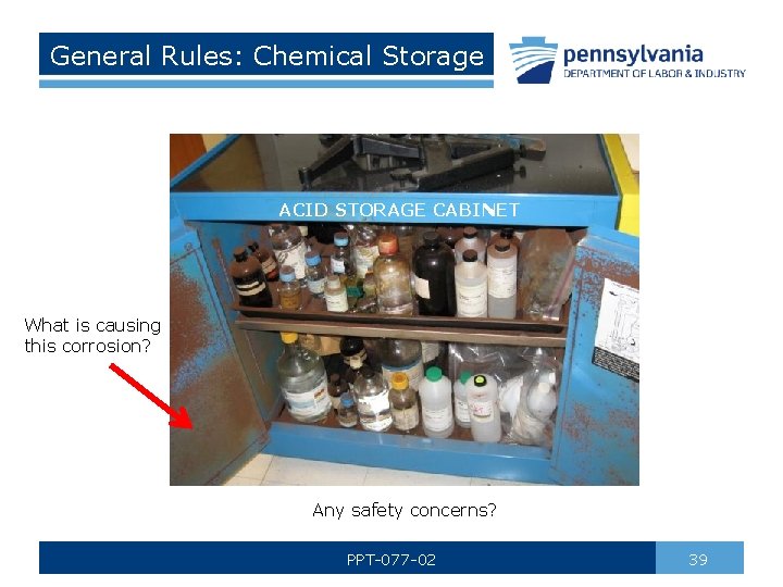 General Rules: Chemical Storage ACID STORAGE CABINET What is causing this corrosion? Any safety