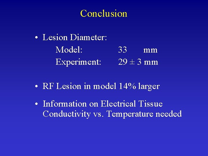 Conclusion • Lesion Diameter: Model: Experiment: 33 mm 29 ± 3 mm • RF